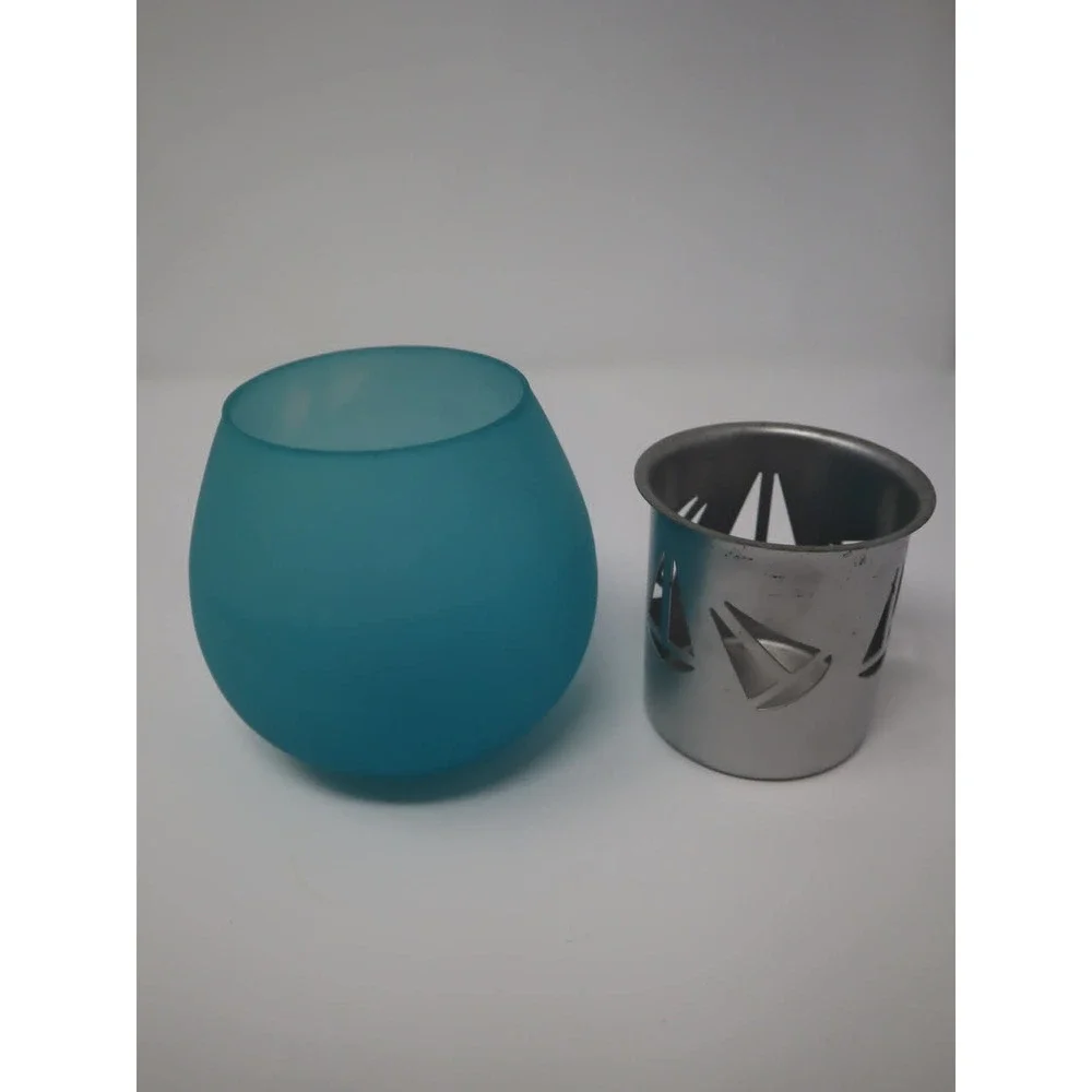 Teal Candleholder Glass 3.5in Sailboat Nautical Frosted Votive Cup Sea Bathroom